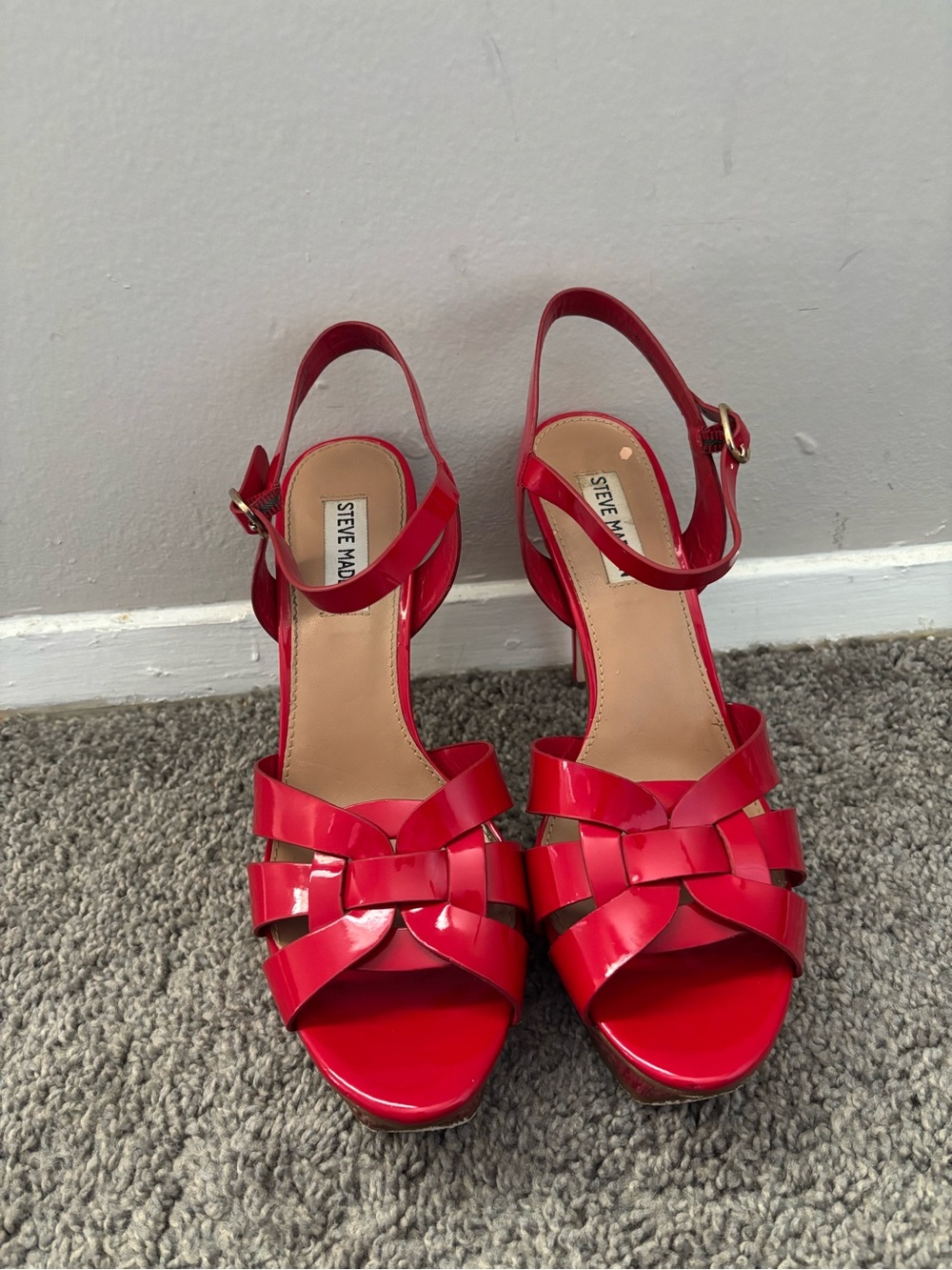 Steve Madden Red Patent Knotted Strappy Platform Heels